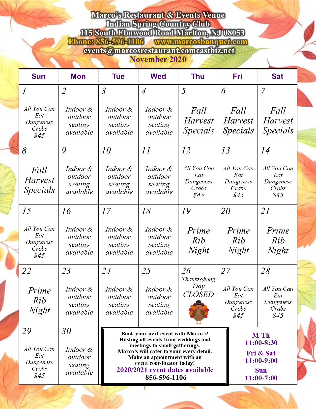 Restaurant Calendars Marco's Restaurant & Events