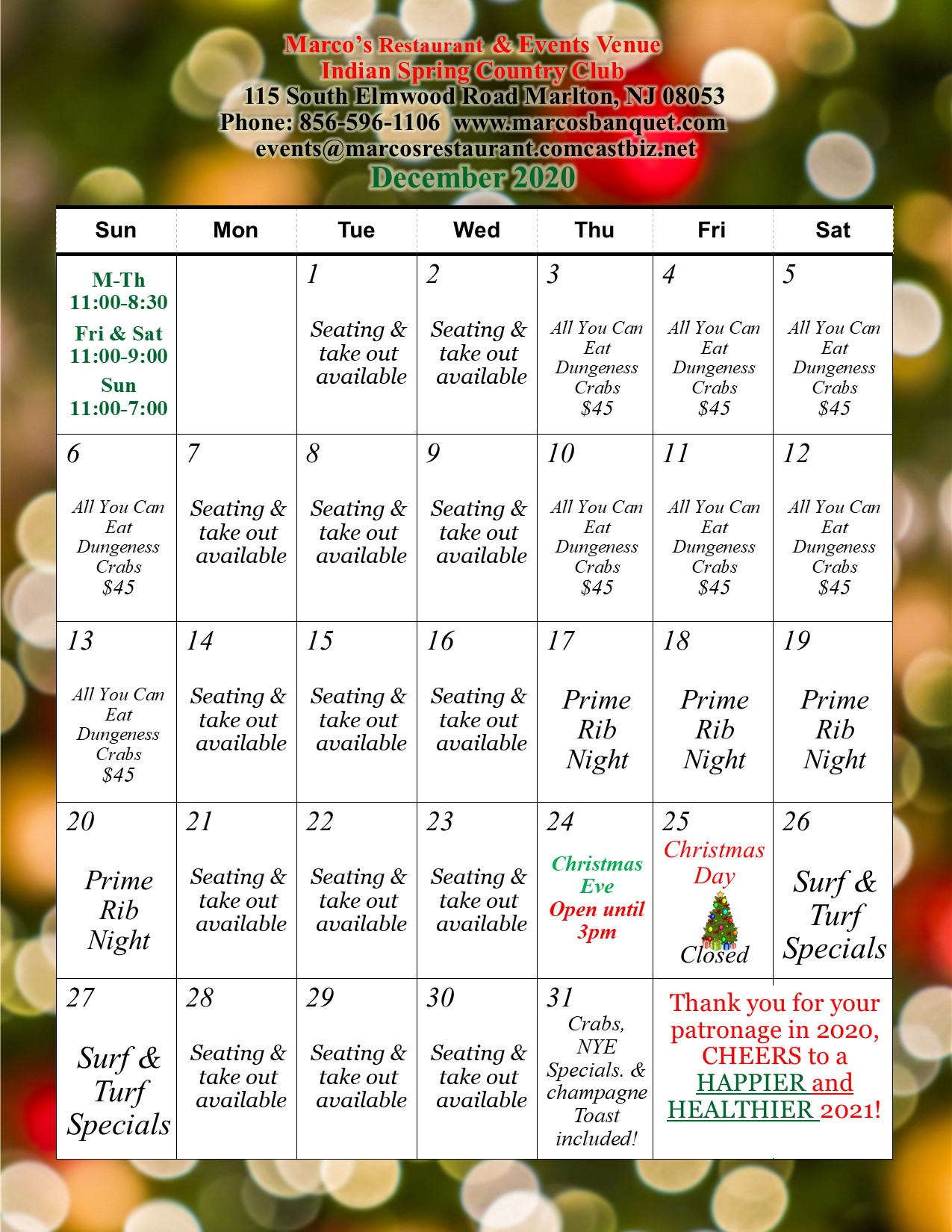 Restaurant Calendars Marco's Restaurant & Events
