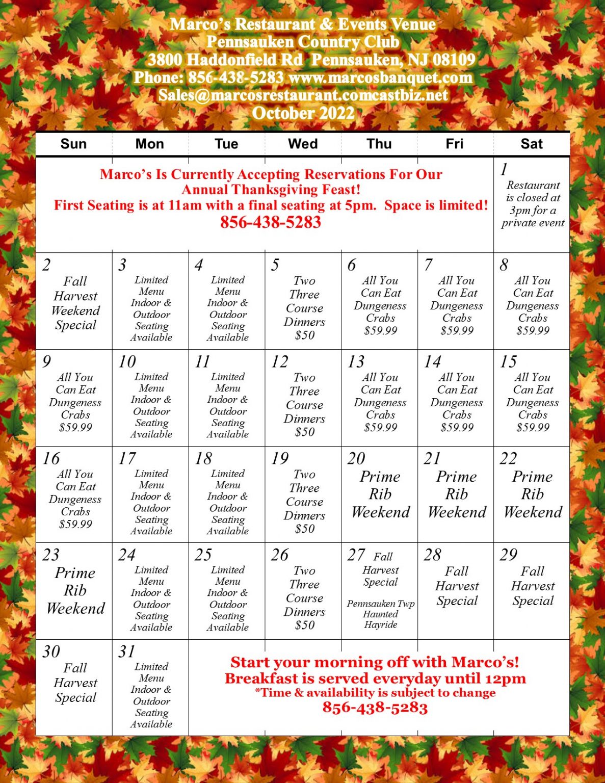 Restaurant Calendars Marco's Restaurant & Events