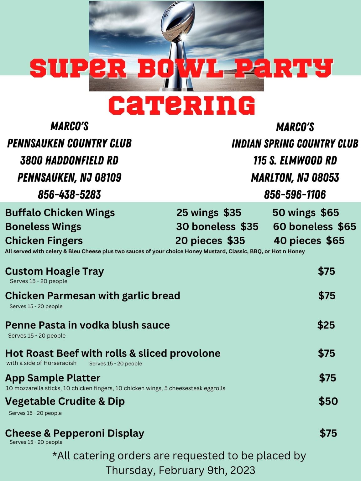 Super Bowl Menus Marco s Restaurant Events